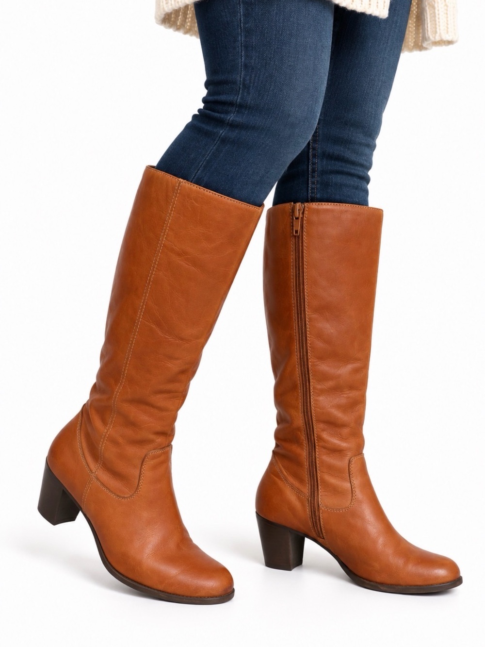 Azaleia Brown Leather Knee High Boots Womens 6.5 Block Heel Side Zip Vintage 6.5